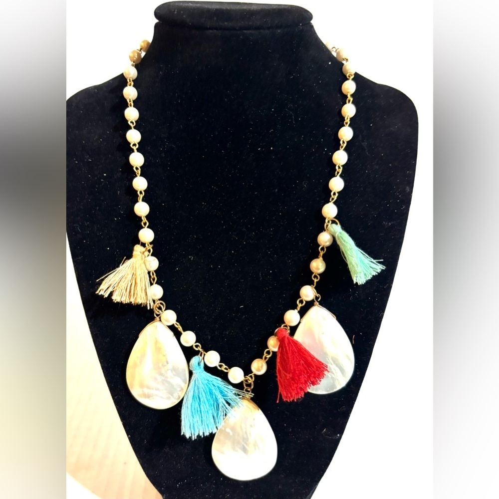 Pearl Bead Necklace with Multicolor Tassels - Red, Blue, Cream, Mint